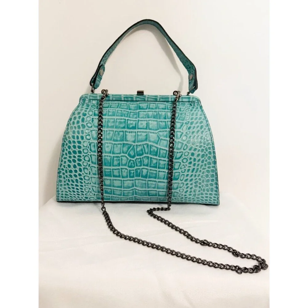 Patricia Nash Aqua Croc Leather Laureana Frame Satchel Bag